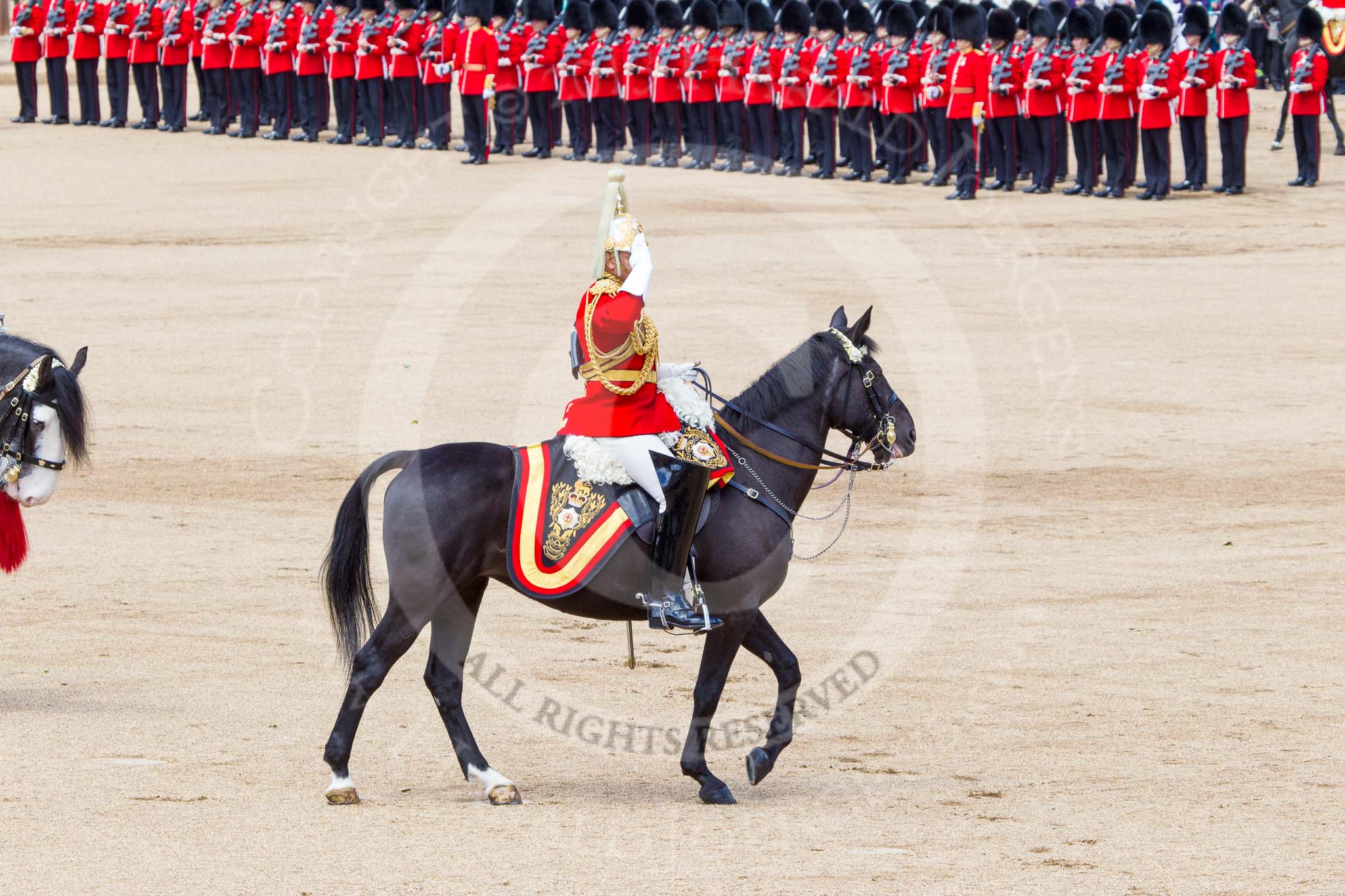 Trooping the Colour 2013: The Director of Music Mounted Bands, Major Paul Wilman, The Life Guards, salutes Her Majesty as the Mounted Bands are ready to march off. Image #743, 15 June 2013 12:00 Horse Guards Parade, London, UK