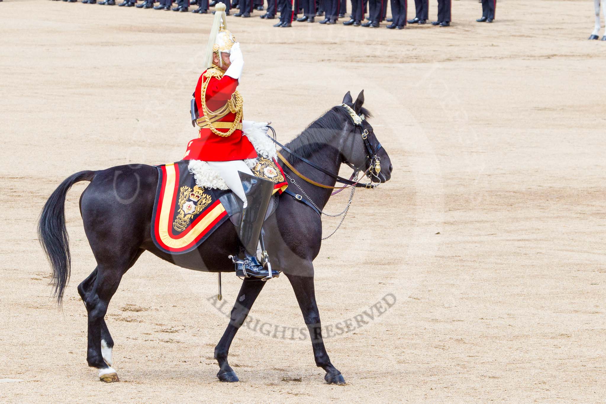 Trooping the Colour 2013: The Director of Music Mounted Bands, Major Paul Wilman, The Life Guards, salutes Her Majesty as the Mounted Bands are ready to march off. Image #744, 15 June 2013 12:00 Horse Guards Parade, London, UK