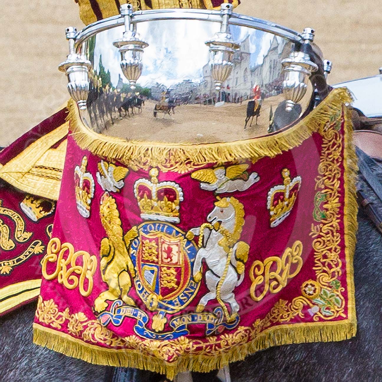 Trooping the Colour 2013: Detail view of on the kettle drums, reflecting the scene around. Image #746, 15 June 2013 12:00 Horse Guards Parade, London, UK
