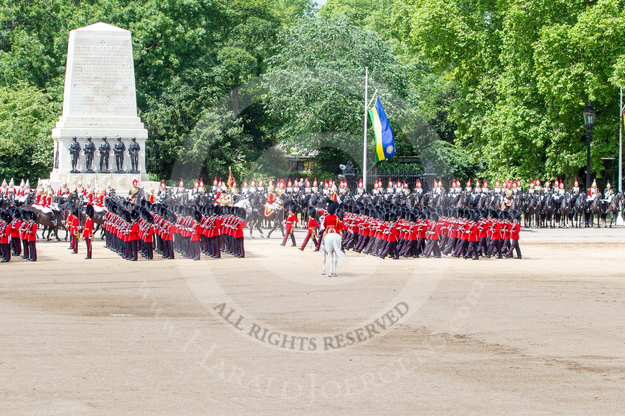 Trooping the Colour 2013: The six guards divisions have changed direction. Behind them, the Household Cavalry is leaving their position to march off. Image #773, 15 June 2013 12:05 Horse Guards Parade, London, UK