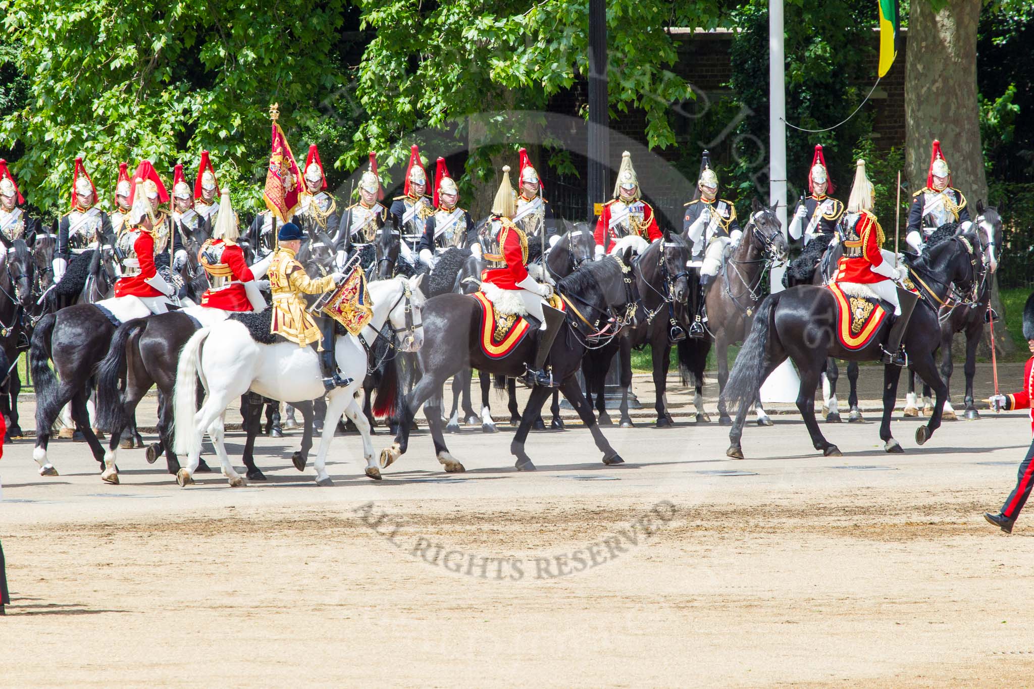 Trooping the Colour 2013: The Household Cavalry is marching off, led by the Field Officer of the Escort, Major Nick Stewart, The Life Guards, followed by the Trumpeter, Standard Bearer, and Standard Coverer. Image #777, 15 June 2013 12:06 Horse Guards Parade, London, UK