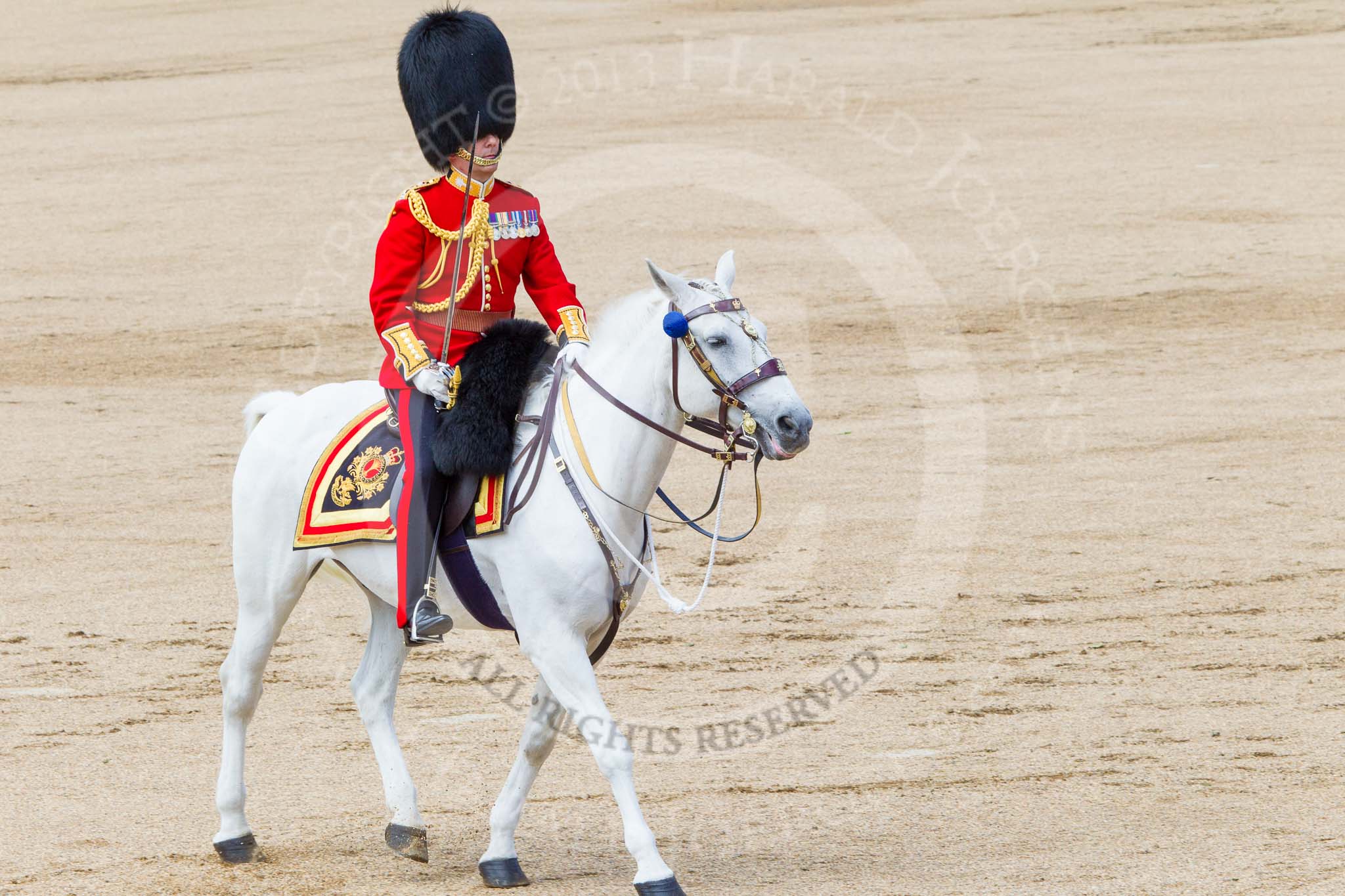 Trooping the Colour 2013: The Field Officer in Brigade Waiting, Lieutenant Colonel Dino Bossi, Welsh Guards, rides towards the dais to ask HM The Queen's permission to march off. Image #787, 15 June 2013 12:07 Horse Guards Parade, London, UK