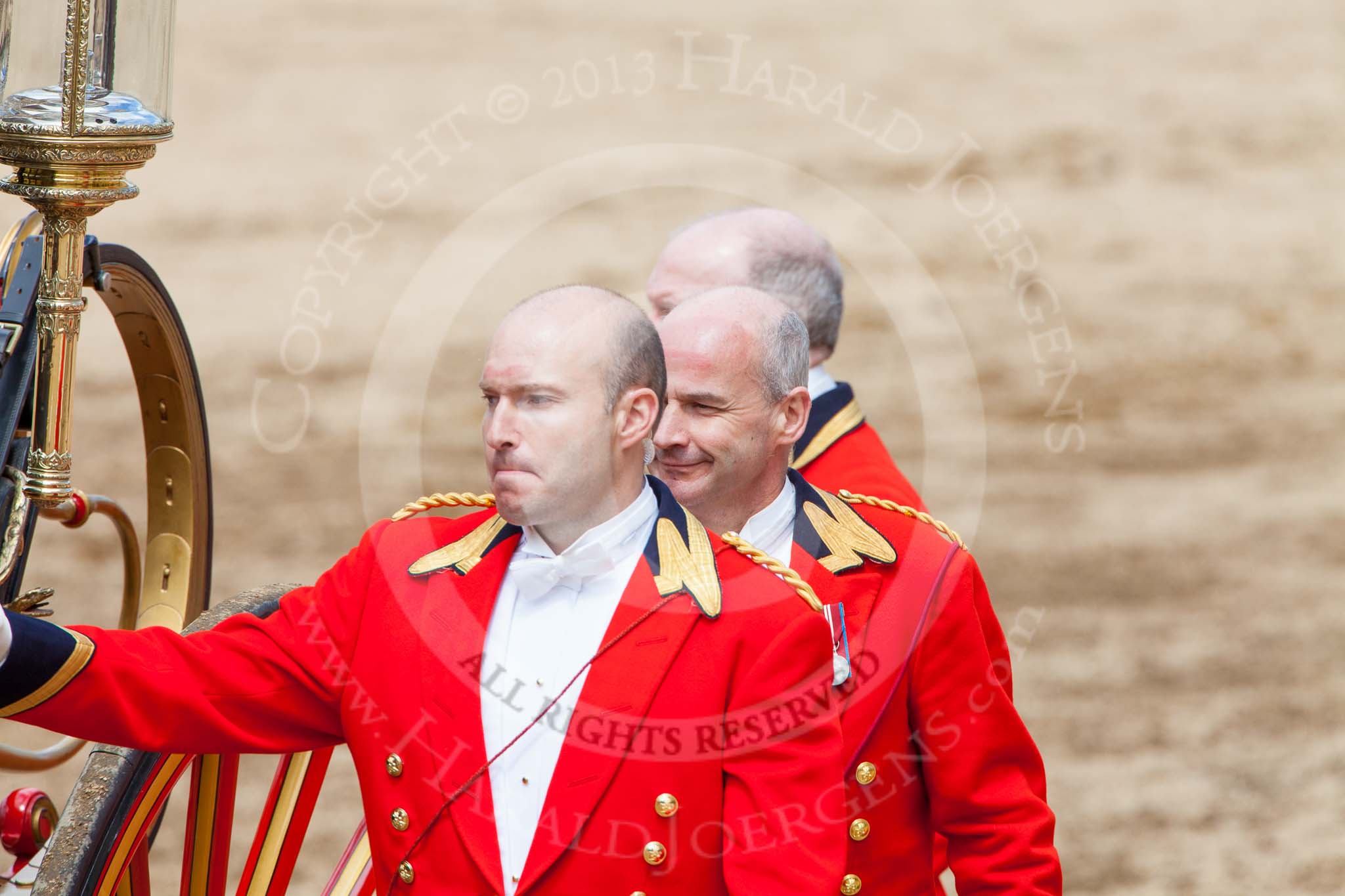 Trooping the Colour 2013: The door of the glass coach is opened for HM The Queen and HRH The Duke of Kent. Image #799, 15 June 2013 12:08 Horse Guards Parade, London, UK