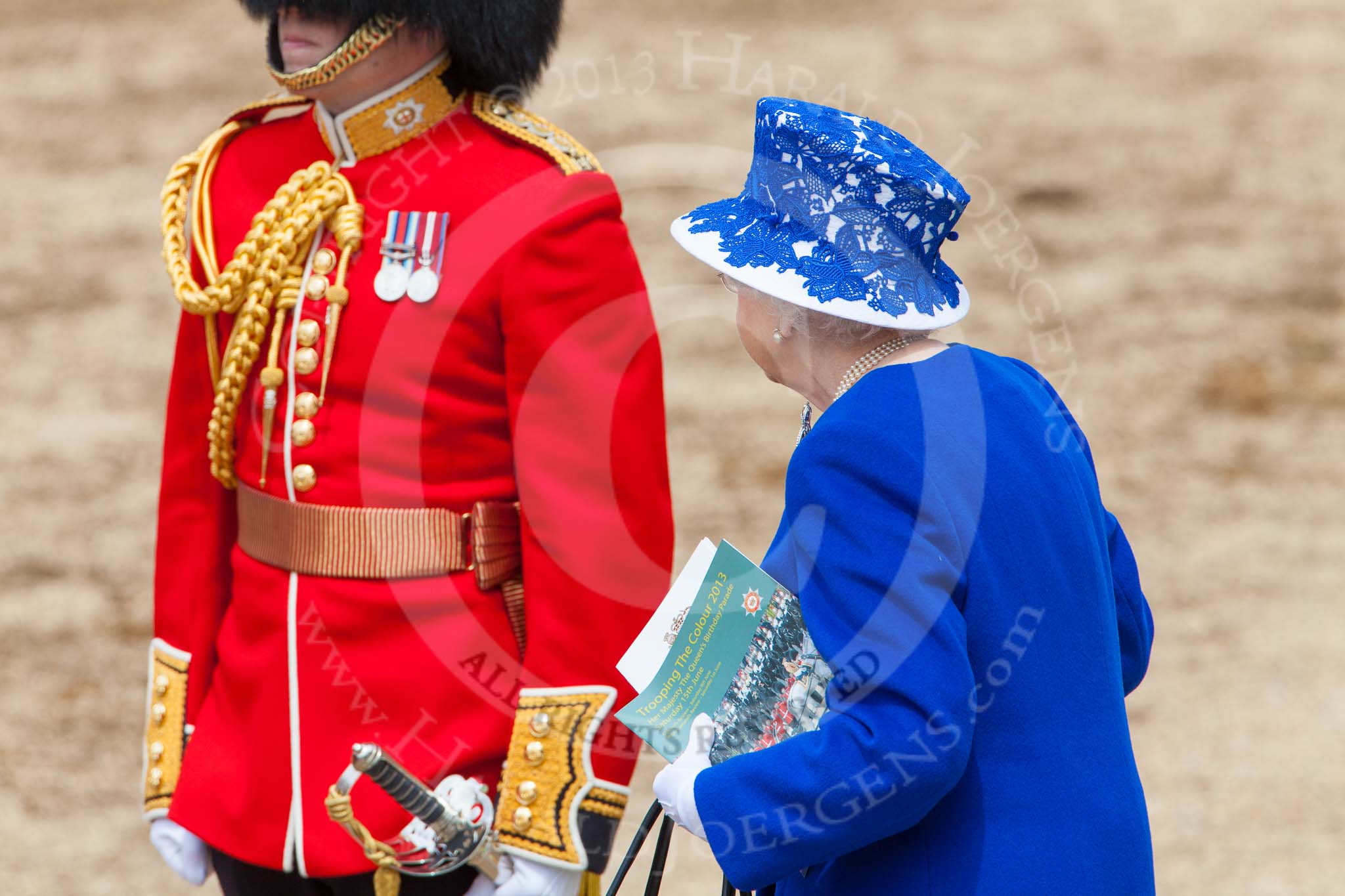 Trooping the Colour 2013: HM The Queen is leaving the dais, walking towards the glass coach. Image #802, 15 June 2013 12:09 Horse Guards Parade, London, UK