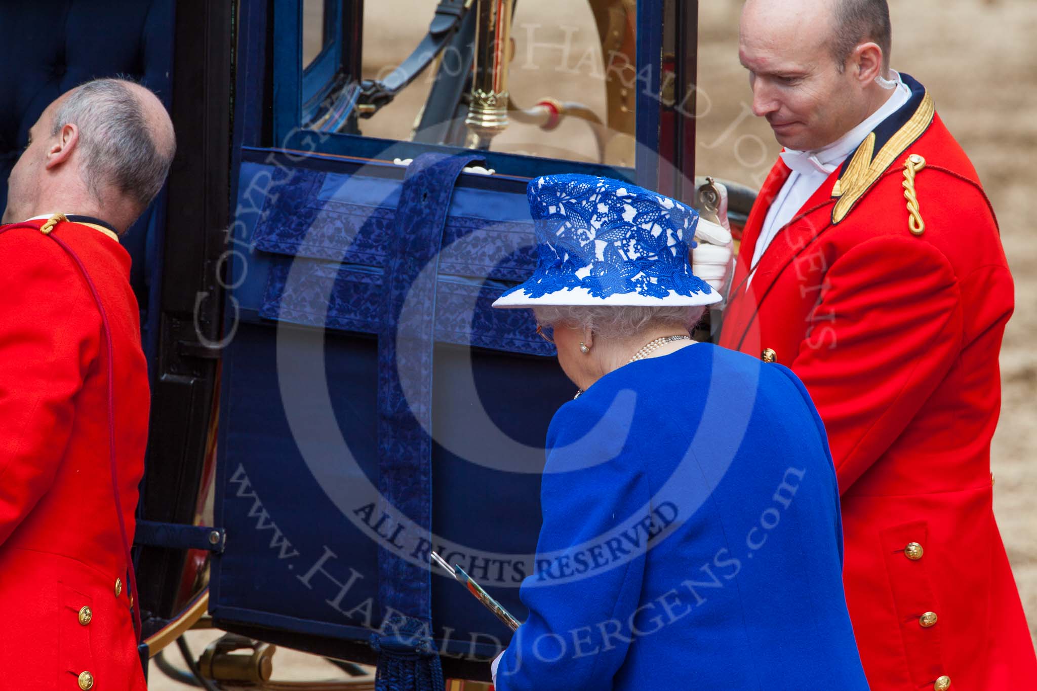 Trooping the Colour 2013: HM The Queen is about to board the glass coach for her journey back to Buckingham Palace. Image #805, 15 June 2013 12:09 Horse Guards Parade, London, UK