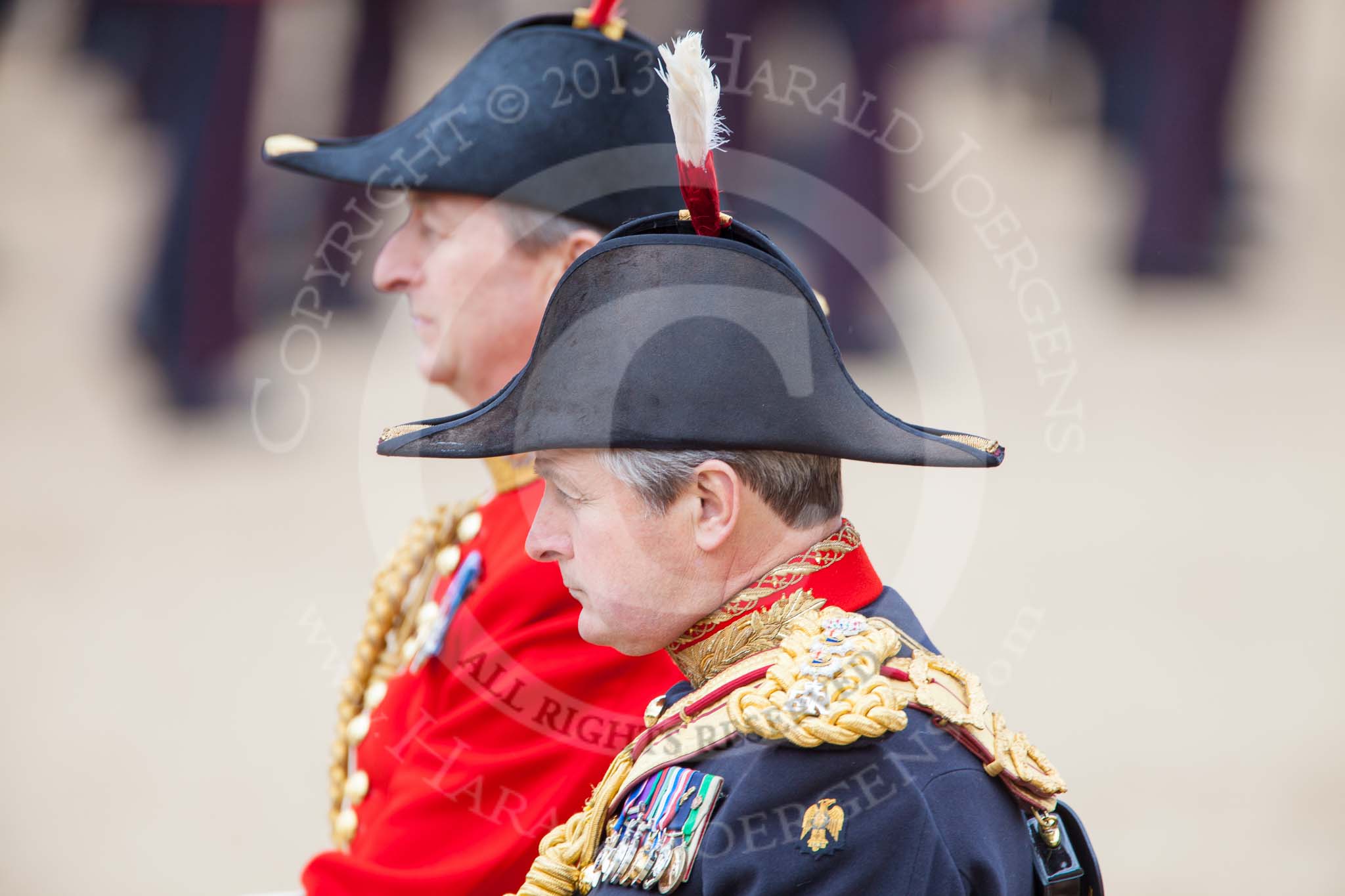 Trooping the Colour 2013: Crown Equerry Colonel Toby Browne and, behind him, Equerry in Waiting to Her Majesty, Lieutenant Colonel Alexander Matheson of Matheson, younger. Image #815, 15 June 2013 12:10 Horse Guards Parade, London, UK