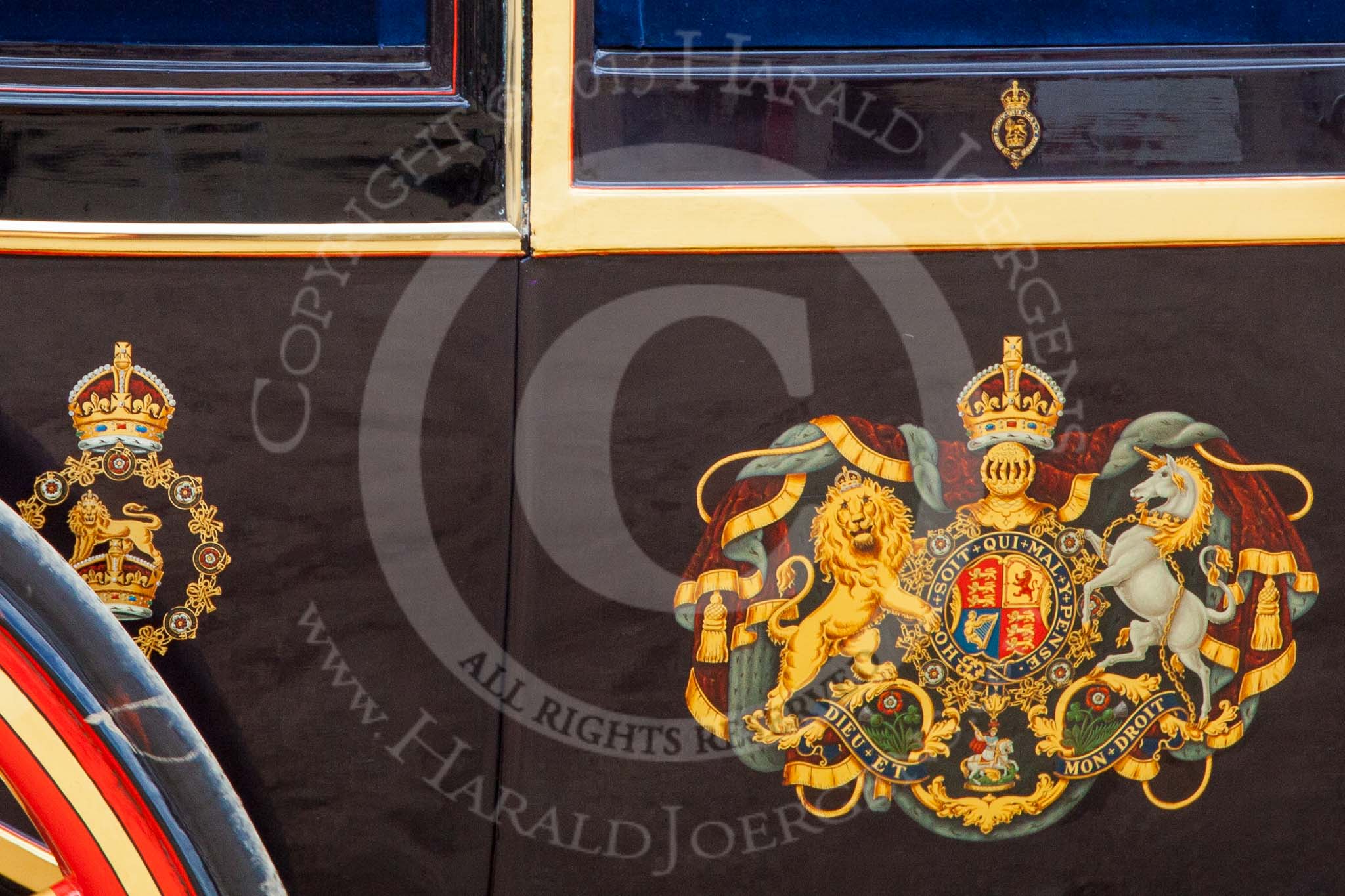 Trooping the Colour 2013: Detail view of the glass coach and the code of arms on the door..
Horse Guards Parade, Westminster,
London SW1,

United Kingdom,
on 15 June 2013 at 12:11, image #820