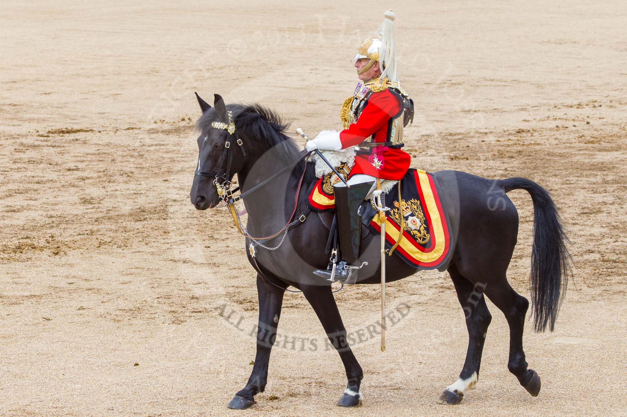 Trooping the Colour 2013: As Non-Royal Colonel, Gold Stick in Waiting and Colonel Life Guards, Field Marshal the Lord Guthrie of Craigiebank, during the March Off. Image #837, 15 June 2013 12:12 Horse Guards Parade, London, UK