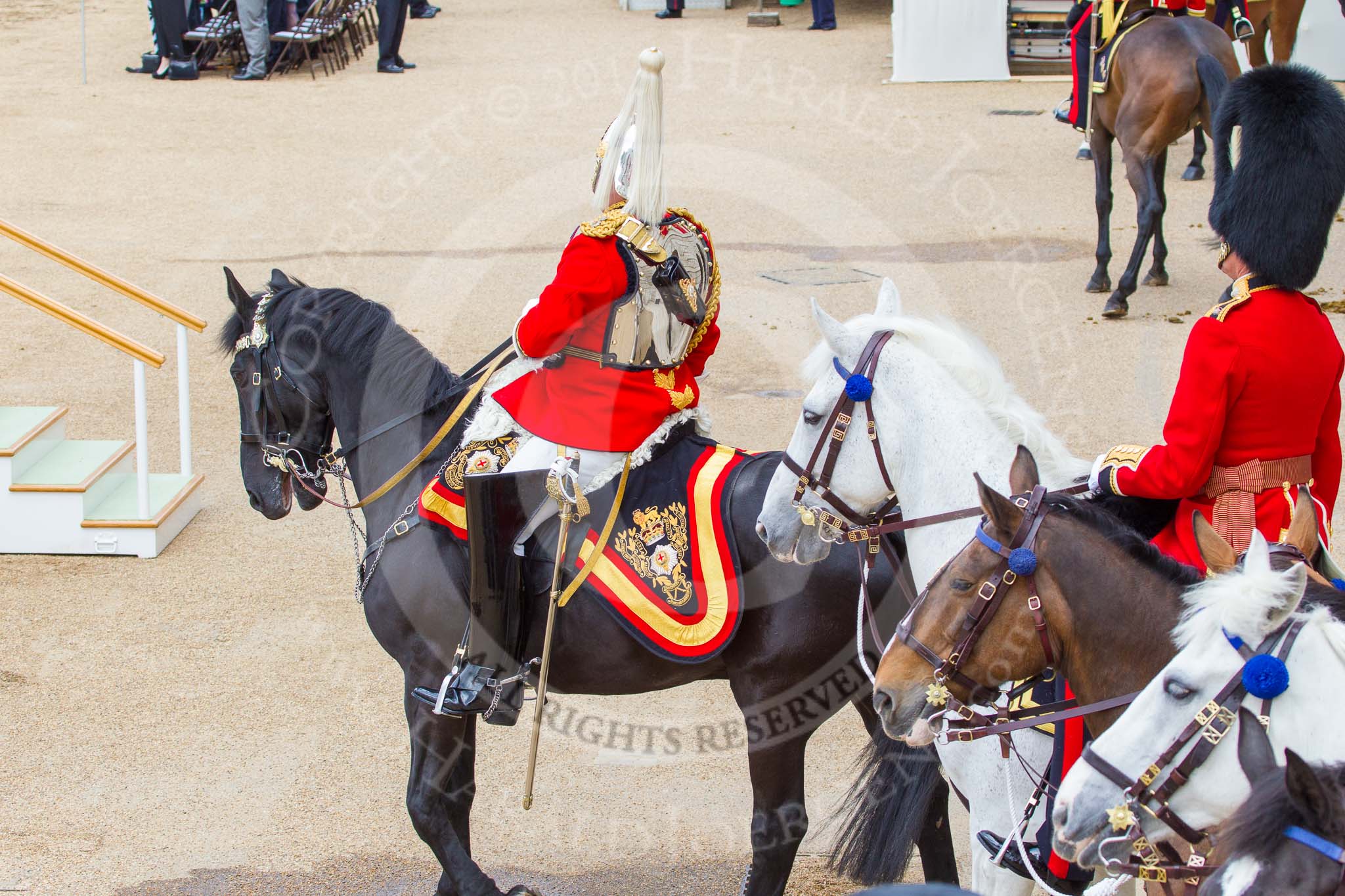 Trooping the Colour 2013: The Silver Stick Adjutant Lieutenant Colonel H S J Scott, The Life Guards, and the Foot Guards Regimental Adjutant Major G V A Baker. Grenadier Guards, during the March Off. Image #841, 15 June 2013 12:12 Horse Guards Parade, London, UK