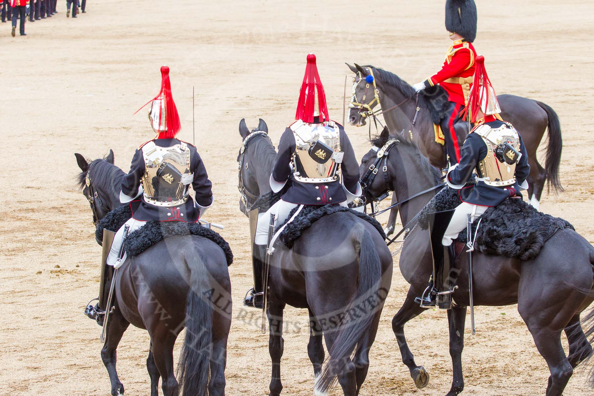 Trooping the Colour 2013: The four troopers of The Blues and Royals are about to join the four troopers of The Life Guards. Image #852, 15 June 2013 12:12 Horse Guards Parade, London, UK