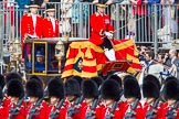 Trooping the Colour 2013: The Glass Coach carrying HM The Queen and HRH The Duke of Kent arrives as Horse Guards Parade, passing No. 6 Guard, No. 7 Company Coldstream Guards..
Horse Guards Parade, Westminster,
London SW1,

United Kingdom,
on 15 June 2013 at 10:58, image #258