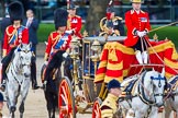 Trooping the Colour 2013: The Glass Coach, carrying HM The Queen, drawn by two Windsor Grey horses, after the Inspection of the Line. Behind, the Royal Colonels and Crown Equerries..
Horse Guards Parade, Westminster,
London SW1,

United Kingdom,
on 15 June 2013 at 11:06, image #361