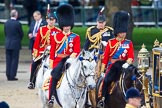 Trooping the Colour 2013: HRH The Duke of Cambridge, Colonel Irish Guards and HRH The Prince of Wales, Colonel Welsh Guards on horseback after the Inspection of the line..
Horse Guards Parade, Westminster,
London SW1,

United Kingdom,
on 15 June 2013 at 11:06, image #362