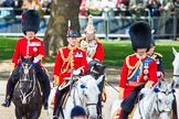 Trooping the Colour 2013: The Non-Royal Colonels, Colonel Coldstream Guards General Sir James Bucknall and Gold Stick in Waiting and Colonel Life Guards, Field Marshal the Lord Guthrie of Craigiebank, in focus behind the Crown Equerries and The Duke of Cambridge..
Horse Guards Parade, Westminster,
London SW1,

United Kingdom,
on 15 June 2013 at 11:06, image #366