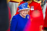 Trooping the Colour 2013: HM The Queen, smiling, on the way from the Glass Coach to the dais..
Horse Guards Parade, Westminster,
London SW1,

United Kingdom,
on 15 June 2013 at 11:08, image #383