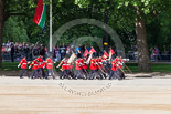 Trooping the Colour 2013: The 'Keepers of the Ground', guardsmen bearing marker flags for their respective regiments, marching on Horse Guards Road along St James's Park. Image #23, 15 June 2013 09:52 Horse Guards Parade, London, UK