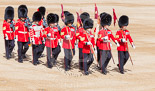 Trooping the Colour 2013: The 'Keepers of the Ground', guardsmen bearing marker flags for their respective regiments, marching towards Horse Guards Arch. Image #26, 15 June 2013 09:54 Horse Guards Parade, London, UK
