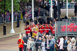 Trooping the Colour 2013: The first of the bands marching down Horse Guards Road from The Mall - the Band of the Coldstream Guards, led by Senior Drum Major Matthew Betts, Grenadier Guards. Image #37, 15 June 2013 10:10 Horse Guards Parade, London, UK