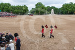 Trooping the Colour 2013: The Keepers of the Ground are marching back onto Horse Guards Parade, to mark the position of their regiments. The Band of the Irish Guards is turning onto Horse Guards Parade on the St James's Park side. On the left, in front of the grandstands, the Band of the Coldstream Guards. Image #56, 15 June 2013 10:15 Horse Guards Parade, London, UK