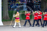 Trooping the Colour 2013: Drum Major Stephen Staite, Grenadier Guards, leading the third of the guards bands, the Band of the Scots Guards, onto Horse Guards Parade. Image #68, 15 June 2013 10:22 Horse Guards Parade, London, UK