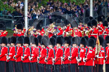 Trooping the Colour 2013: The Band of the Grenadier Guards marches past No. 5 Guard, F Company Scots Guards, on the northern side of Horse Guards Parade. Image #87, 15 June 2013 10:27 Horse Guards Parade, London, UK