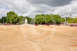 Trooping the Colour 2013: An overview of Horse Guards Parade. On the right No. 3 to No. 6 Guard are in position, the places for No. 1 to No. 2 Guards are marked by single guardsmen, and the Band of the Grenadier Guards is turning onto Horse Guards Parade on the left of the image. Image #95, 15 June 2013 10:28 Horse Guards Parade, London, UK