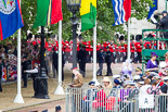 Trooping the Colour 2013: The last of the bands, and the last two guards, can be seen marching on The Mall before turning towards Horse Guards Parade. Image #96, 15 June 2013 10:28 Horse Guards Parade, London, UK