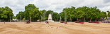 Trooping the Colour 2013: A wide angle overview of Horse Guards Parade, with all Guards in place, No. 1 to No. 5 on the northern, Guards Memorial side, No. 6 on the eastern (right) side and just out of sight. Image #117, 15 June 2013 10:32 Horse Guards Parade, London, UK