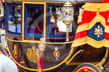 Trooping the Colour 2013: HM The Queen and HRH The Duke of Kent in the Glass Coach arriving on Horse Guards Parade. In front of the Glass Coach the top of the Colour, that will be trooped later, can just be seen. Image #263, 15 June 2013 10:58 Horse Guards Parade, London, UK