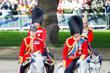 Trooping the Colour 2013: The Non-Royal Colonels, Colonel Coldstream Guards General Sir James Bucknall and Gold Stick in Waiting and Colonel Life Guards, Field Marshal the Lord Guthrie of Craigiebank, in focus behind the Crown Equerries and The Duke of Cambridge. Image #365, 15 June 2013 11:06 Horse Guards Parade, London, UK