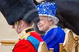 Trooping the Colour 2013: HM The Queen, smiling, with HRH The Duke of Kent on the dais. Image #389, 15 June 2013 11:08 Horse Guards Parade, London, UK