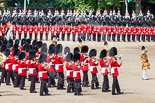 Trooping the Colour 2013: The Massed Band Troop begins with the slow march - the Waltz from Les Huguenots. The Field Offiver, and behind him the Third and Fourth Division of the Sovereign's Escort, The Blues and Royals, can be seen on top of the image. Image #396, 15 June 2013 11:10 Horse Guards Parade, London, UK
