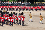Trooping the Colour 2013: The Massed Band Troop begins with the slow march - the Waltz from Les Huguenots. The Third and Fourth Division of the Sovereign's Escort, The Blues and Royals, can be seen on top of the image. Image #397, 15 June 2013 11:10 Horse Guards Parade, London, UK