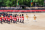 Trooping the Colour 2013: The Massed Band Troop begins with the slow march - the Waltz from Les Huguenots. The Third and Fourth Division of the Sovereign's Escort, The Blues and Royals, and, next to them, the Mounted Bands of the Household Cavalry, can be seen on top of the image. Image #398, 15 June 2013 11:10 Horse Guards Parade, London, UK
