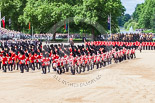 Trooping the Colour 2013: The Massed Band Troop - the final stages of the countermarch. The Lone Drummer, in the top right of the image, has broken away, and is marching to the right of No. 1 Guard. Image #417, 15 June 2013 11:13 Horse Guards Parade, London, UK