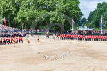 Trooping the Colour 2013: The end of the Massed Bands Troop - the Lone Drummer has taken his position between the Major of the Parade and No. 1 Guard. Behind No. 1 Guard the King's Troop Royal Horse Artillery and St James's Park Lake. Image #420, 15 June 2013 11:14 Horse Guards Parade, London, UK