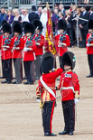 Trooping the Colour 2013: The Ensign, Ensign, Second Lieutenant Joel Dinwiddle, takes posession of the Colour from the Regimental Sergeant Major, WO1 Martin Topps, Welsh Guards. Image #457, 15 June 2013 11:21 Horse Guards Parade, London, UK