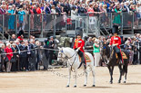 Trooping the Colour 2013: The Field Officer in Brigade Waiting, Lieutenant Colonel Dino Bossi, Welsh Guards, and the Major of the Parade, Major H G C Bettinson, Welsh Guards, are leading the March Past. Image #523, 15 June 2013 11:32 Horse Guards Parade, London, UK