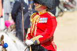 Trooping the Colour 2013: A close-up of the Field Officer in Brigade Waiting, Lieutenant Colonel Dino Bossi, Welsh Guards, with his word drawn, during the March Past. Image #544, 15 June 2013 11:37 Horse Guards Parade, London, UK