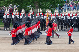 Trooping the Colour 2013: No. 1 Guard (Escort for the Colour),1st Battalion Welsh Guards, during the March Past in Quick Time. Behind them The Life Guards, Household Cavalry. Image #585, 15 June 2013 11:42 Horse Guards Parade, London, UK