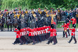 Trooping the Colour 2013: No. 1 Guard (Escort for the Colour),1st Battalion Welsh Guards, during the March Past in Quick Time. Behind them The Life Guards, Household Cavalry. Image #586, 15 June 2013 11:42 Horse Guards Parade, London, UK