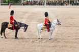 Trooping the Colour 2013: The March Past in Quick Time - the Major of the Parade, Major H G C Bettinson, Welsh Guards, and the Field Officer in Brigade Waiting, Lieutenant Colonel Dino Bossi, Welsh Guards. Image #600, 15 June 2013 11:45 Horse Guards Parade, London, UK