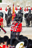 Trooping the Colour 2013: The Colour Party, carrying the Colour, during the March Past in Quick Time. Behind them The Life Guards in front of the Guards Memorial. Image #623, 15 June 2013 11:49 Horse Guards Parade, London, UK