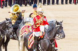 Trooping the Colour 2013: The Mounted Bands of the Household Cavalry during the Ride Past. The Director of Music of the Household Cavalry, Major Paul Wilman, The Life Guardsis followed by the kettle drummer from The Life Guards. Image #708, 15 June 2013 11:57 Horse Guards Parade, London, UK