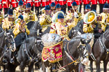 Trooping the Colour 2013: The Mounted Bands of the Household Cavalry during the Ride Past, with the kettle drummer from The Life Guards. Image #709, 15 June 2013 11:57 Horse Guards Parade, London, UK