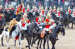 Trooping the Colour 2013: The Ride Past - The Sovereign's Escort, Household Cavalry, here the Field Officer of the Escort, Major Nick Stewart, The Life Guards, followed by the Trumpeter (Lance Corporal Ben Ruffer, The Life Guards), the Standard Bearer (Squadron Corporal Major Kris Newell, The Life Guards) and the Standard Coverer (Staff Corporal Steve Chinn, The Life Guards). Image #728, 15 June 2013 11:59 Horse Guards Parade, London, UK