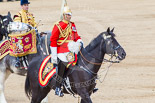 Trooping the Colour 2013: The Director of Music Mounted Bands, Major Paul Wilman, The Life Guards, and the kettle drummer from the Blues and Royals, as the Mounted Bands are ready to march off. Image #742, 15 June 2013 12:00 Horse Guards Parade, London, UK