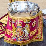 Trooping the Colour 2013: Detail view of on the kettle drums, reflecting the scene around. Image #746, 15 June 2013 12:00 Horse Guards Parade, London, UK