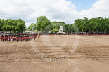 Trooping the Colour 2013: A wide angle overview of Horse Guards Parade after the Ride Past. The Household Cavalry is returning to their initial positions below the flags, next to St James's Park. Image #757, 15 June 2013 12:01 Horse Guards Parade, London, UK