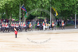 Trooping the Colour 2013: The Household Cavalry is marching off, led by the Field Officer of the Escort, Major Nick Stewart, The Life Guards, followed by the Trumpeter, Standard Bearer, Standard Coverer. and The Life Guards as first and second divisions of the Sovereign's Escort. Image #781, 15 June 2013 12:06 Horse Guards Parade, London, UK